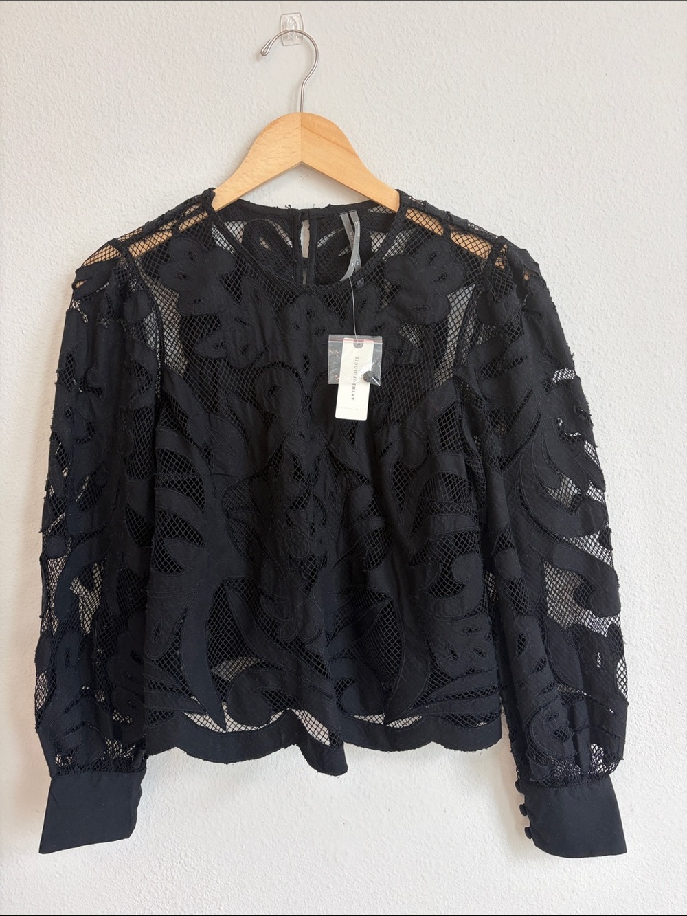 Anthropologie Black Floral Lace Long-Sleeve Top